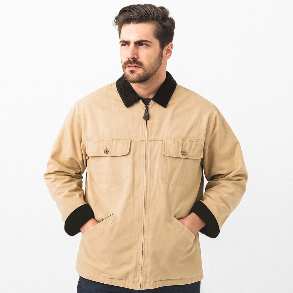 Vintage Tan Barn Chore Coat w/ Corduroy Collar & Plaid Lining – Men’s XL*